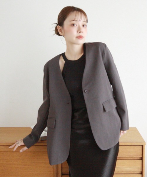 Eclat one（エクラワン）の「【Eclat one】ノーカラー シングル ジャケット（ノーカラージャケット・レディース・グレー/ブラウン/ベージュ・FREE）」の11枚目の写真