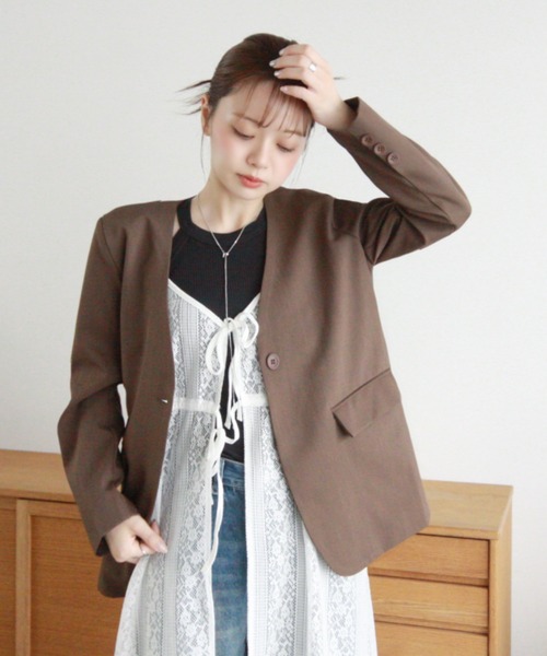 Eclat one（エクラワン）の「【Eclat one】ノーカラー シングル ジャケット（ノーカラージャケット・レディース・グレー/ブラウン/ベージュ・FREE）」の12枚目の写真
