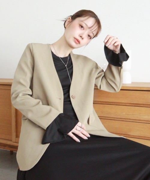 Eclat one（エクラワン）の「【Eclat one】ノーカラー シングル ジャケット（ノーカラージャケット・レディース・グレー/ブラウン/ベージュ・FREE）」の10枚目の写真