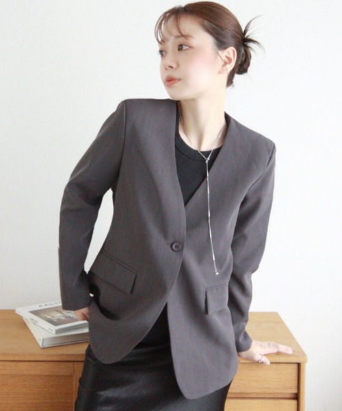 Eclat one（エクラワン）の「【Eclat one】ノーカラー シングル ジャケット（ノーカラージャケット・レディース・グレー/ブラウン/ベージュ・FREE）」の9枚目の写真