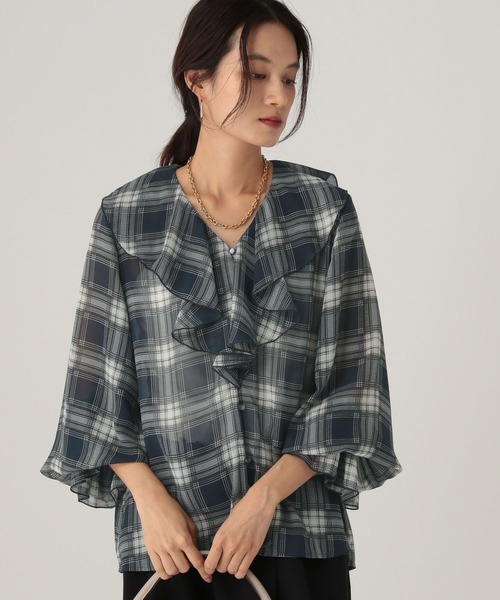 Elura（エルーラ）の「フリルチェックブラウス/605969（シャツ/ブラウス・レディース・ブラック/ネイビー/ベージュ/ドット・FREE）」の3枚目の写真