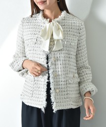 INTERPLANET | ツイードゴールド釦デザインポケットノーカラージャケット(ノーカラージャケット)