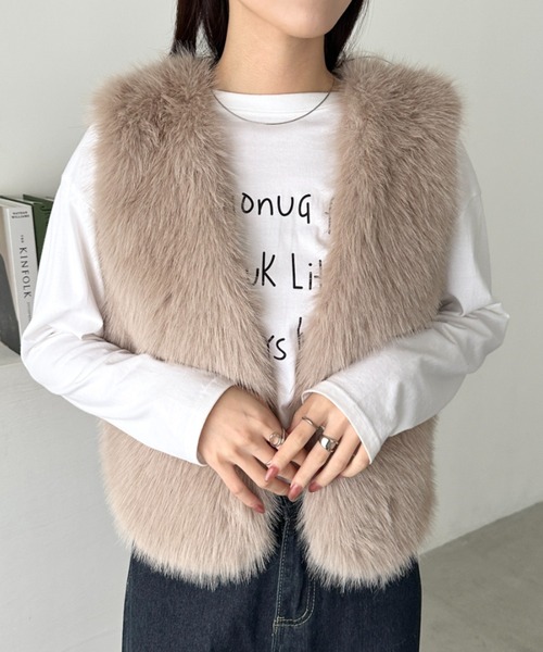 セール】ノーカラーショート丈ファーベスト（その他アウター）｜CLEA