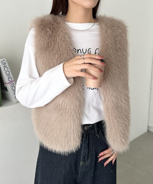 セール】ノーカラーショート丈ファーベスト（その他アウター）｜CLEA