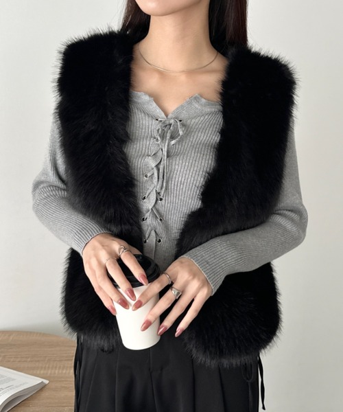 セール】ノーカラーショート丈ファーベスト（その他アウター）｜CLEA