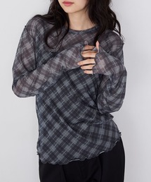 【forksy.】バイアスチェックシアーメロー長袖トップスブラック系