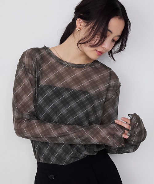 【forksy.】バイアスチェックシアーメロー長袖トップス