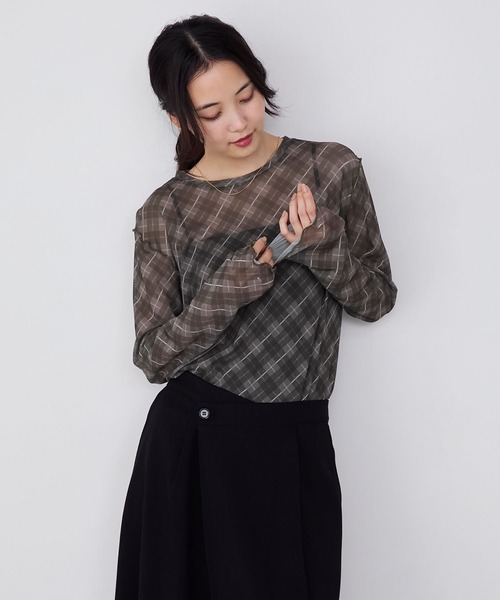 forksy.(フォルクシー)の「【forksy.】バイアスチェックシアーメロー長袖トップス(Tシャツ/カットソー・レディース・ブラック系/ブラウン系/ホワイト系・FREE)」の5枚目の写真