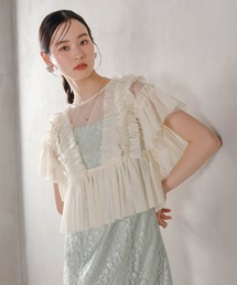 ラメ花柄刺繍レースチュール フリル ボレロ フレアワンピース ドレス パーティー 結婚式 お呼ばれ オケージョン