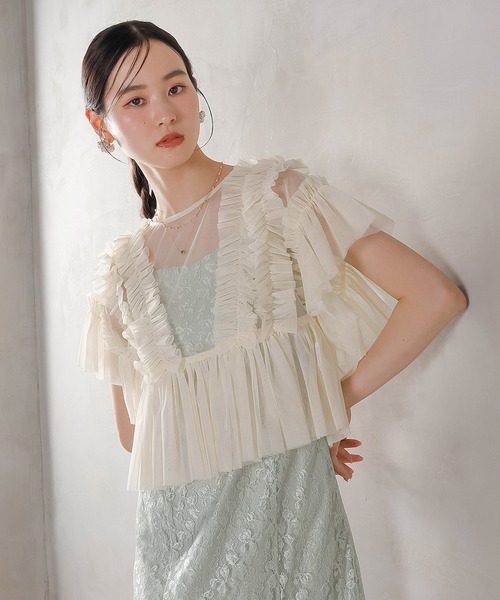 セール】ラメ花柄刺繍レースチュール フリル ボレロ フレアワンピース