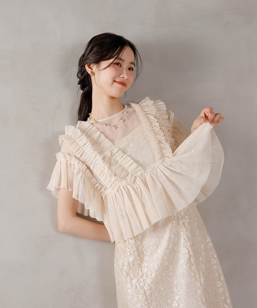 セール】ラメ花柄刺繍レースチュール フリル ボレロ フレアワンピース