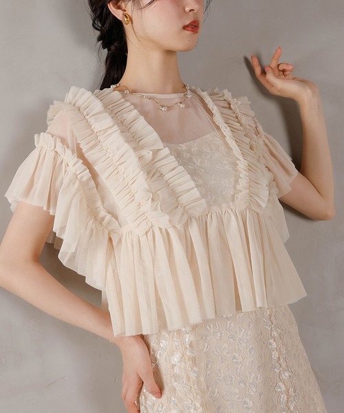 Kana(カナ)の「ラメ花柄刺繍レースチュール フリル ボレロ フレアワンピース ドレス パーティー 結婚式 お呼ばれ オケージョン(ドレス・レディース・ベージュ/ブルー系その他/ベージュ系1・M)」の6枚目の写真