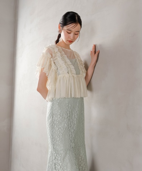 セール】ラメ花柄刺繍レースチュール フリル ボレロ フレアワンピース