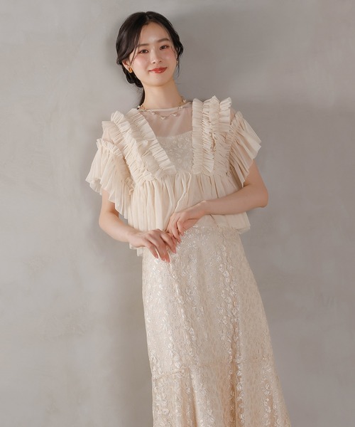 Kana(カナ)の「ラメ花柄刺繍レースチュール フリル ボレロ フレアワンピース ドレス パーティー 結婚式 お呼ばれ オケージョン(ドレス・レディース・ベージュ/ブルー系その他/ベージュ系1・M)」の9枚目の写真