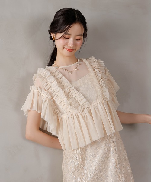 Kana(カナ)の「ラメ花柄刺繍レースチュール フリル ボレロ フレアワンピース ドレス パーティー 結婚式 お呼ばれ オケージョン(ドレス・レディース・ベージュ/ブルー系その他/ベージュ系1・M)」の7枚目の写真