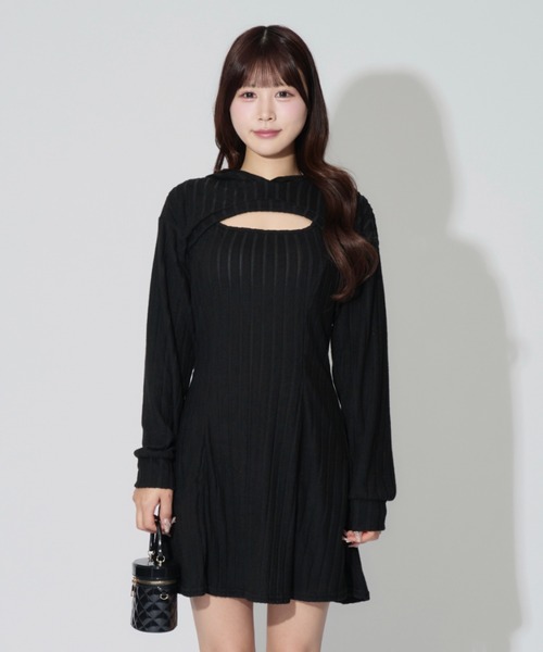 ALLuRing ChaRm（アリュリングチャーム）の「【2点セット】Ensemble Rib Knit Hoodie Dress / アンサンブルリブニットフーディワンピース（ワンピース・レディース・ブラック/グレー・FREE）」の3枚目の写真