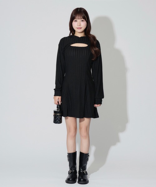 ALLuRing ChaRm（アリュリングチャーム）の「【2点セット】Ensemble Rib Knit Hoodie Dress / アンサンブルリブニットフーディワンピース（ワンピース・レディース・ブラック/グレー・FREE）」の6枚目の写真