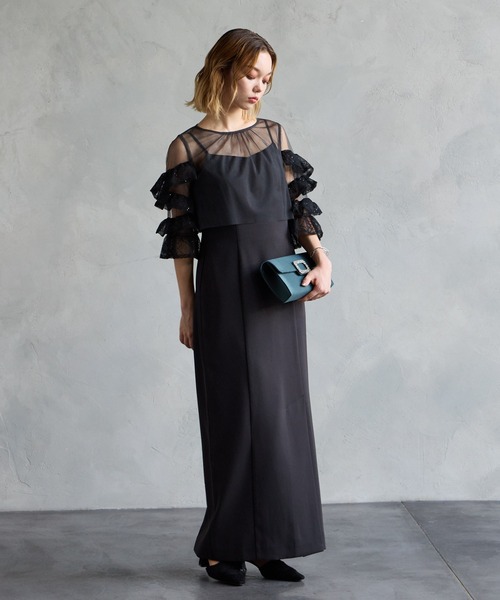 AIMER（エメ）の「【WEB限定】チュールスパンコールフリルスリーブブラウス×サテンキャミソールタイトワンピース 2点セットパーティードレス　結婚式　お呼ばれ　ドレス　20代 30代（ドレス・レディース・ブラック/キャメル/ダークグリーン・SMALL/MEDIUM）」の10枚目の写真