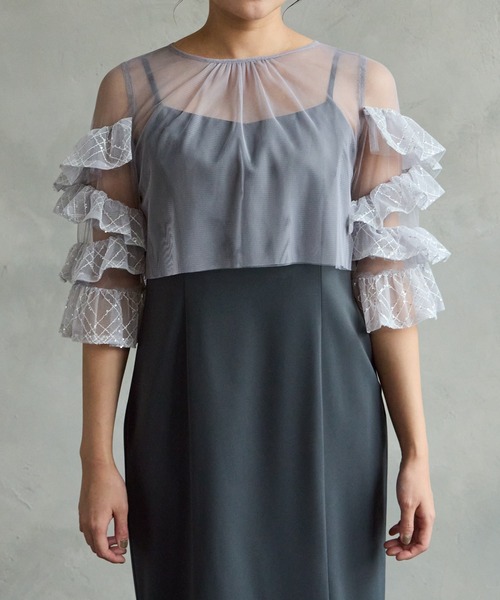 AIMER（エメ）の「【WEB限定】チュールスパンコールフリルスリーブブラウス×サテンキャミソールタイトワンピース 2点セットパーティードレス　結婚式　お呼ばれ　ドレス　20代 30代（ドレス・レディース・ブラック/キャメル/ダークグリーン・SMALL/MEDIUM）」の18枚目の写真