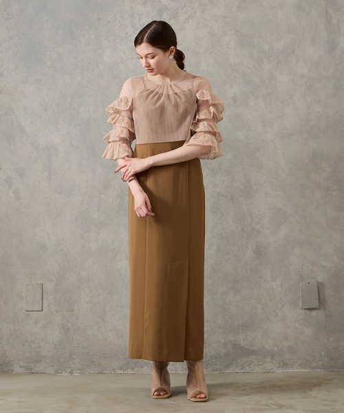 AIMER（エメ）の「【WEB限定】チュールスパンコールフリルスリーブブラウス×サテンキャミソールタイトワンピース 2点セットパーティードレス　結婚式　お呼ばれ　ドレス　20代 30代（ドレス・レディース・ブラック/キャメル/ダークグリーン・SMALL/MEDIUM）」の6枚目の写真