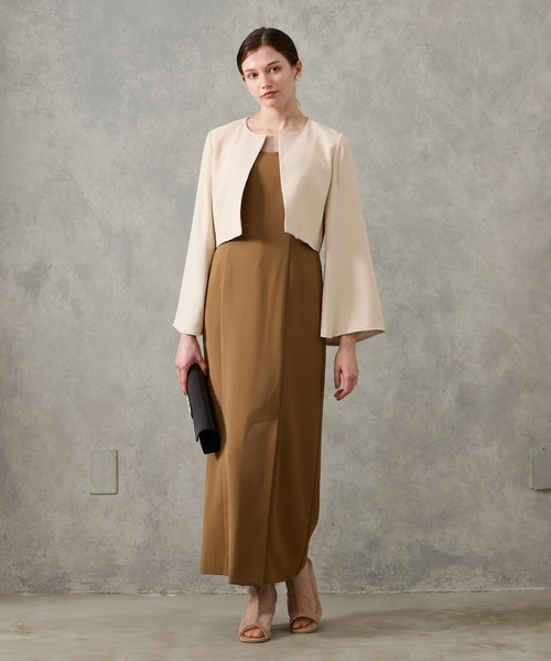 AIMER（エメ）の「【WEB限定】チュールスパンコールフリルスリーブブラウス×サテンキャミソールタイトワンピース 2点セットパーティードレス　結婚式　お呼ばれ　ドレス　20代 30代（ドレス・レディース・ブラック/キャメル/ダークグリーン・SMALL/MEDIUM）」の7枚目の写真