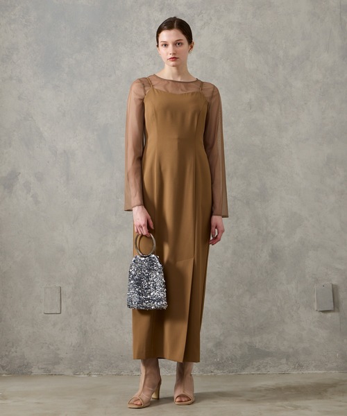 AIMER（エメ）の「【WEB限定】チュールスパンコールフリルスリーブブラウス×サテンキャミソールタイトワンピース 2点セットパーティードレス　結婚式　お呼ばれ　ドレス　20代 30代（ドレス・レディース・ブラック/キャメル/ダークグリーン・SMALL/MEDIUM）」の8枚目の写真