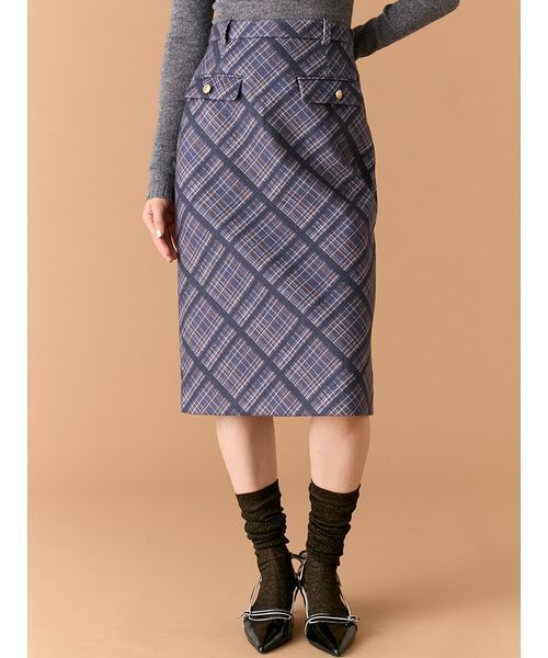 LILY BROWN(リリーブラウン)の「ウーリーチェックミディスカート(スカート・レディース・グレイッシュベージュ/ネイビー/イエロー・1/0)」の1枚目の写真