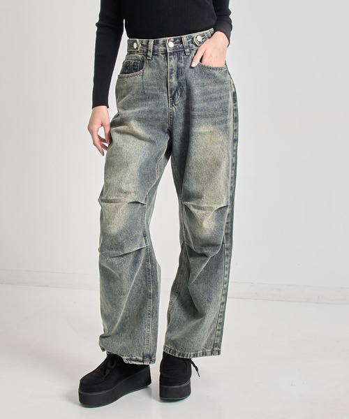 セール】ニータック デザイン ウィンテージ加工 ワイド デニム パンツ