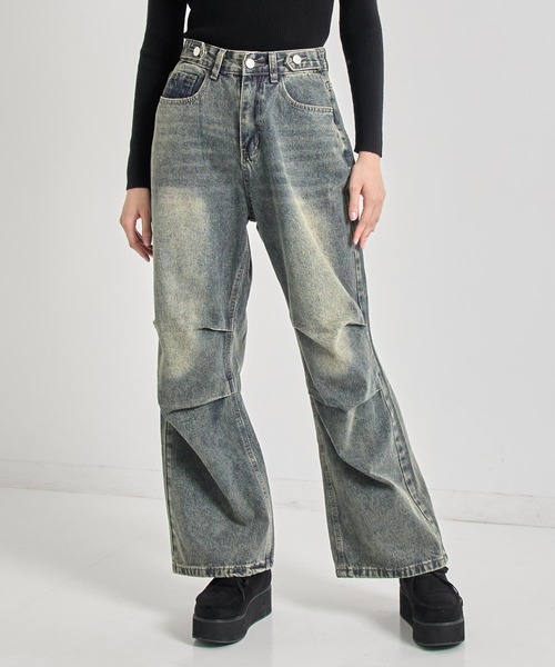 セール】ニータック デザイン ウィンテージ加工 ワイド デニム パンツ