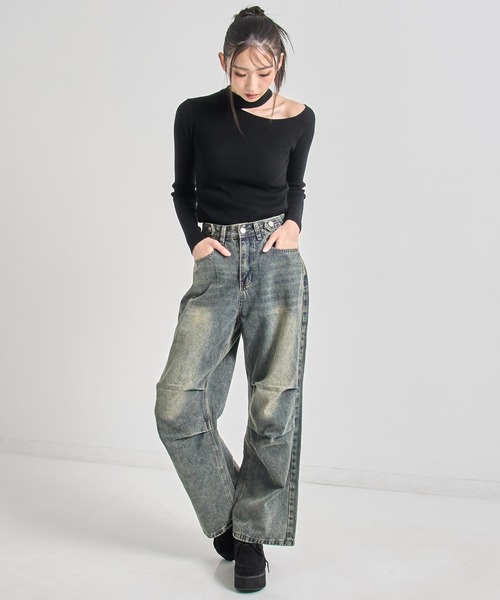 セール】ニータック デザイン ウィンテージ加工 ワイド デニム パンツ