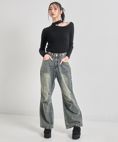 ANAP(アナップ)の「ニータック デザイン ウィンテージ加工 ワイド デニム パンツ(デニムパンツ・レディース・ブルー・M/S)」の10枚目の写真