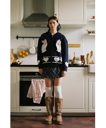 LETERIE CAT HOODIE KNIT ZIP-UP_NAVY