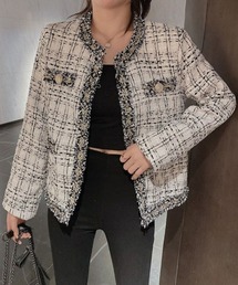 SEU（エスイーユー）の「フリンジトリムノーカラーツイードジャケット／着流し風デザイン オフィスカジュアル きれいめカジュアル レディース韓国（ノーカラージャケット）」