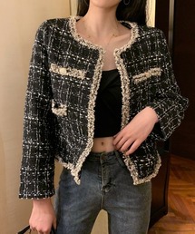フリンジトリムノーカラーツイードジャケット/着流し風デザイン オフィスカジュアル きれいめカジュアル レディース韓国