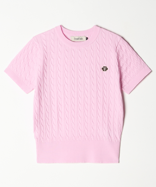 TRADCLUB(トラッドクラブ)の「ウィメンズ TCロゴケーブルラウンドクロップ半袖ニットピンク(Tシャツ/カットソー・レディース・ピンク・SMALL/MEDIUM)」の1枚目の写真