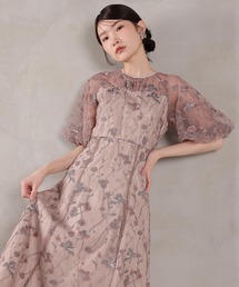 パフスリーブ 花柄刺繍レースチュールAラインワンピースドレス パーティー 結婚式 お呼ばれ オケージョン