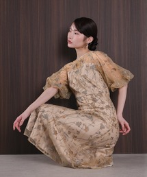 Kana | パフスリーブ 花柄刺繍レースチュールAラインワンピースドレス パーティー 結婚式 お呼ばれ オケージョン(ドレス)