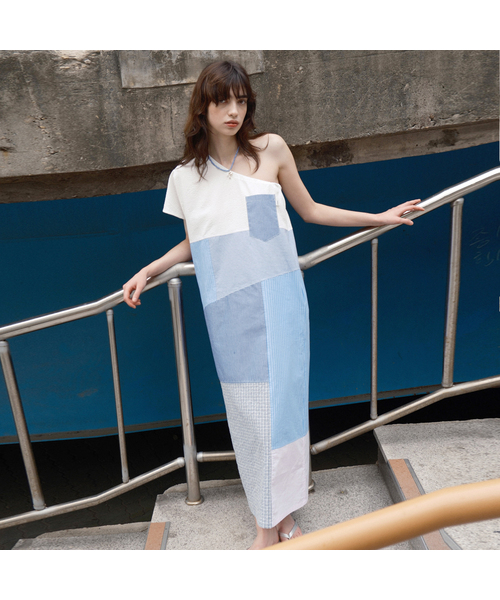 ONE-SHOULDER PATCH WORK DRESS (BLUE)