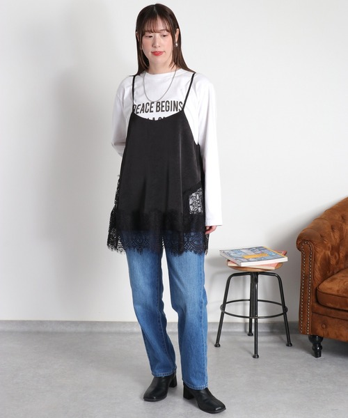 cepo(セポ)の「サテンレースキャミソール(キャミソール・レディース・ブラック/オフホワイト・M)」の2枚目の写真