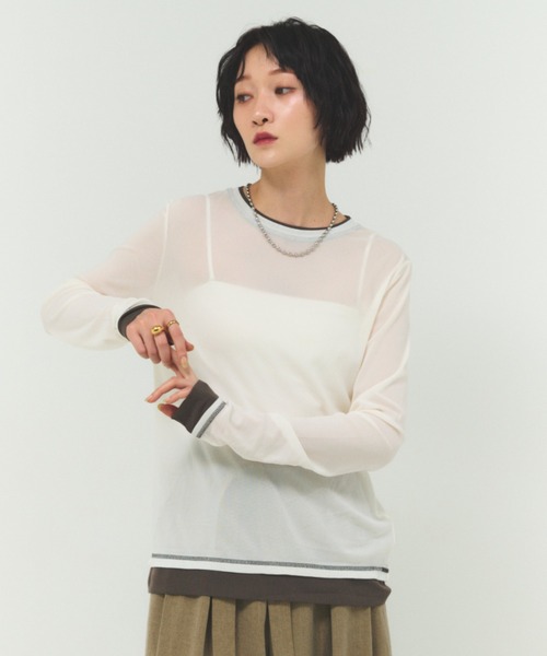 FMiBL(ファミル)の「パワーネットバイカラープルオーバー / シアートップス 配色(Tシャツ/カットソー・レディース・ホワイト/ブラック・FREE)」の1枚目の写真