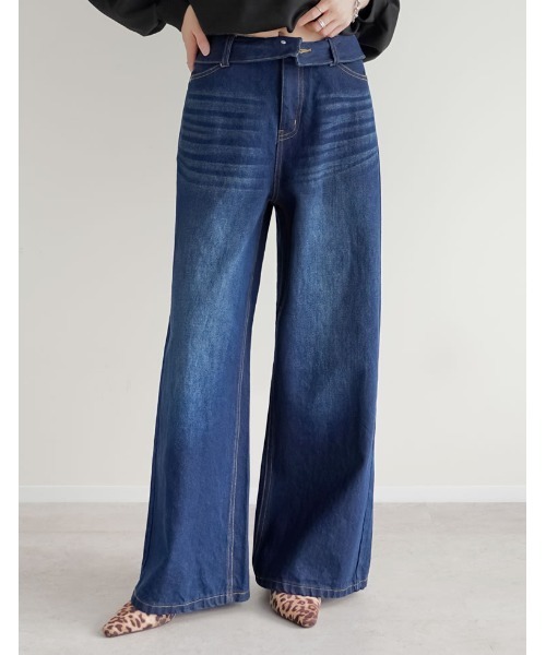 Re:EDIT（リエディ）の「[DENIM COLLECTION][2026S/S COLLECTION][低身長/高身長サイズ有]折り返しウエストコットンワイドデニムパンツ（デニムパンツ・レディース・ネイビー/ブラック/ブルー/グレー・LARGE/TALL/MEDIUM/SHORT）」の4枚目の写真