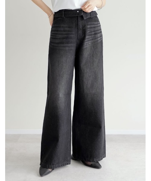 Re:EDIT（リエディ）の「[DENIM COLLECTION][2026S/S COLLECTION][低身長/高身長サイズ有]折り返しウエストコットンワイドデニムパンツ（デニムパンツ・レディース・ネイビー/ブラック/ブルー/グレー・LARGE/TALL/MEDIUM/SHORT）」の2枚目の写真