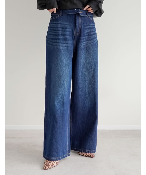 Re:EDIT（リエディ）の「[DENIM COLLECTION][2026S/S COLLECTION][低身長/高身長サイズ有]折り返しウエストコットンワイドデニムパンツ（デニムパンツ・レディース・ネイビー/ブラック/ブルー/グレー・LARGE/TALL/MEDIUM/SHORT）」の8枚目の写真