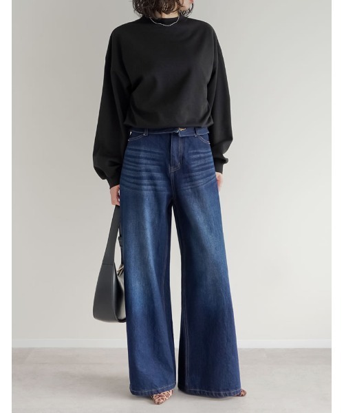 Re:EDIT（リエディ）の「[DENIM COLLECTION][2026S/S COLLECTION][低身長/高身長サイズ有]折り返しウエストコットンワイドデニムパンツ（デニムパンツ・レディース・ネイビー/ブラック/ブルー/グレー・LARGE/TALL/MEDIUM/SHORT）」の9枚目の写真