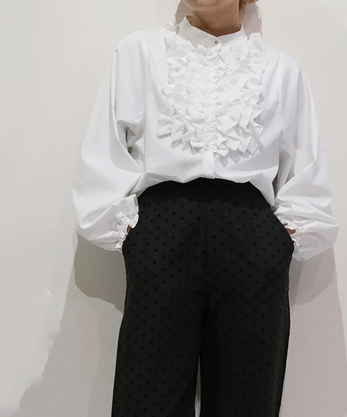 vent blanc(ヴァンブラン)の「denicher デニシェ コットン クロス フリル ブラウス(シャツ/ブラウス・レディース・ホワイト/ブラック・FREE)」の3枚目の写真