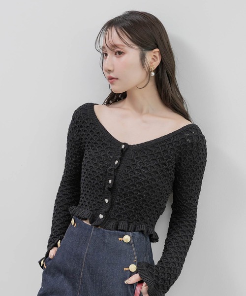 RANDA(ランダ)の「【Heart Collection】ハートビジューフリルニットカーディガン(カーディガン/ボレロ・レディース・ホワイト/ブラック/ピンク/ブルー・FREE)」の1枚目の写真