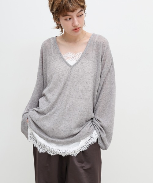 select MOCA(セレクトモカ)の「メランジVネックシアールーズカットソー(ニット/セーター・レディース・ブラウン/ライトベージュ/グレー・FREE)」の1枚目の写真