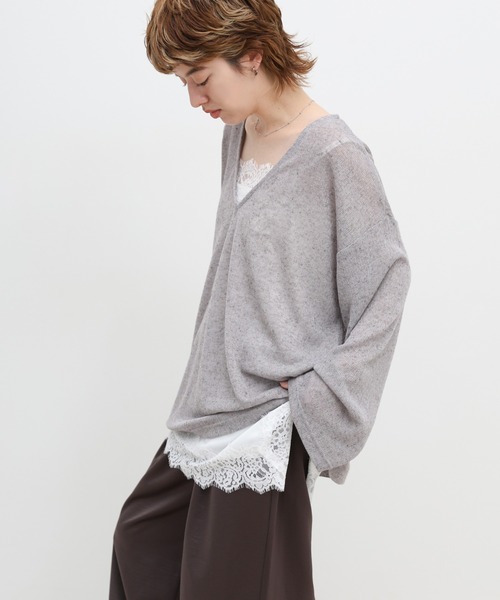 select MOCA(セレクトモカ)の「メランジVネックシアールーズカットソー(ニット/セーター・レディース・ブラウン/ライトベージュ/グレー・FREE)」の8枚目の写真