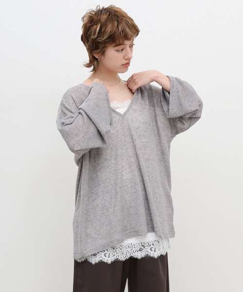 select MOCA(セレクトモカ)の「メランジVネックシアールーズカットソー(ニット/セーター・レディース・ブラウン/ライトベージュ/グレー・FREE)」の7枚目の写真