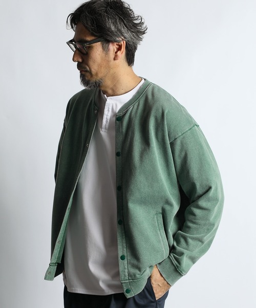The DUFFER of ST.GEORGE(ザダファーオブセントジョージ)の「PIGMENT DYED POWDER WASH SNAP CARDIGAN:ピグメントダイ スナップカーディガン / スウェットアウター / ヴィンテージ加工(スウェット・メンズ・グリーン/ライトグレー・X-LARGE/LARGE/MEDIUM/SMALL)」の2枚目の写真